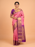 Pink Pure Kanjivaram Bridal Saree with Traditional Vanasingaram Temple Theme Border