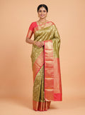 Olive Green Tissue Brocade Semi Silk Saree