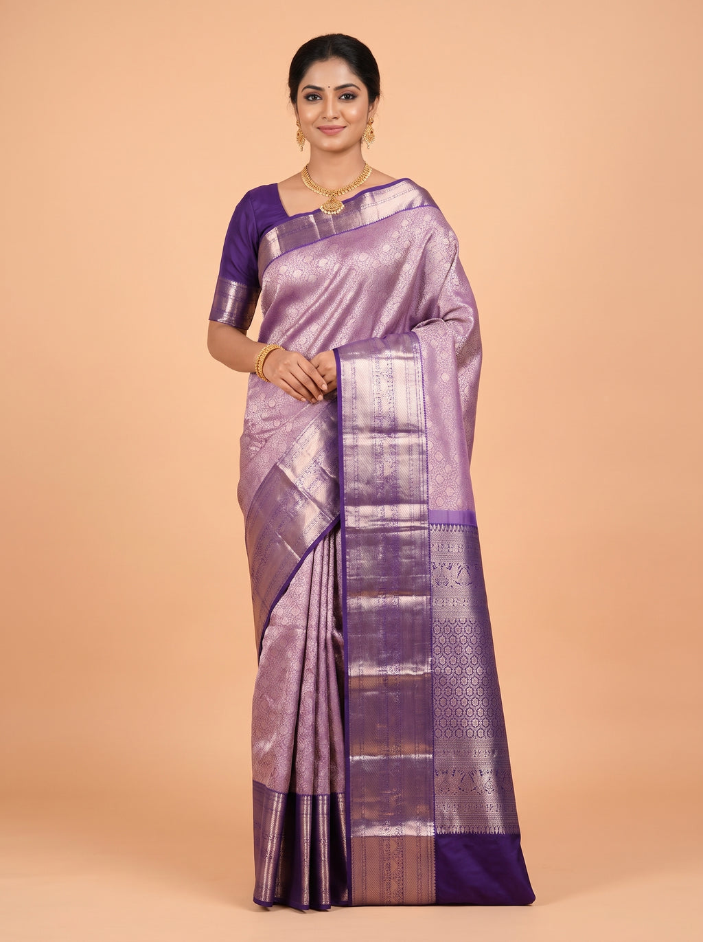 Lavender Grey Pure Kanjivaram Bridal Saree with Floral Zari Border with Zigzag Lines