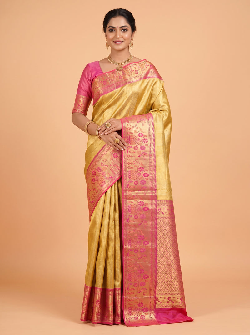 Antique Beige Gold Pure Kanjivaram Tissue Saree with Paithani Style Floral Border