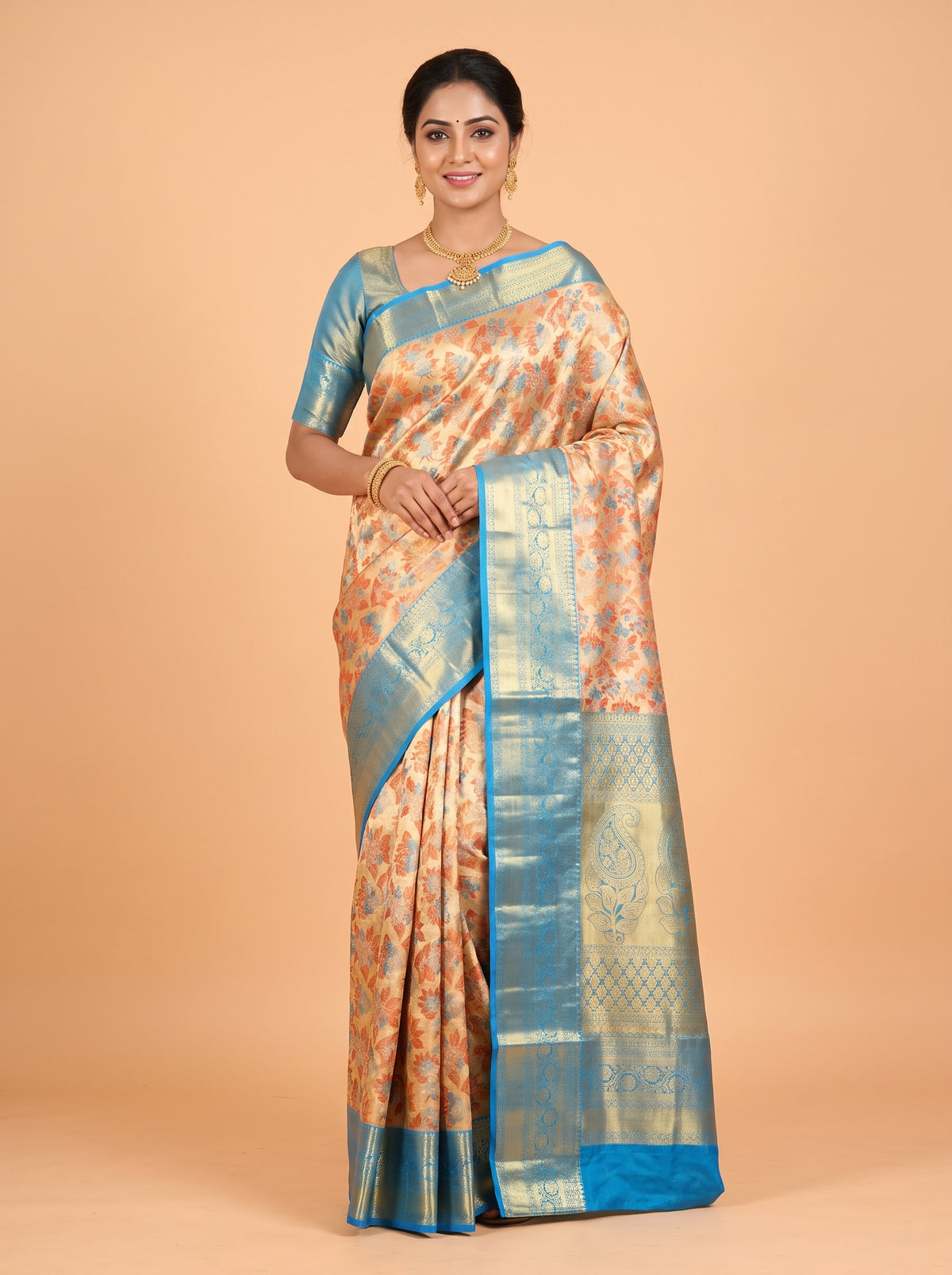 Beige Gold Pure Kanjivaram Tissue Saree with Anarkali Tissue Border with Floral Butta