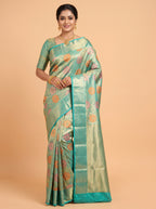 Teal Blue Pure Kanjivaram Tissue Saree with Floral Motif and Circular Vine Border
