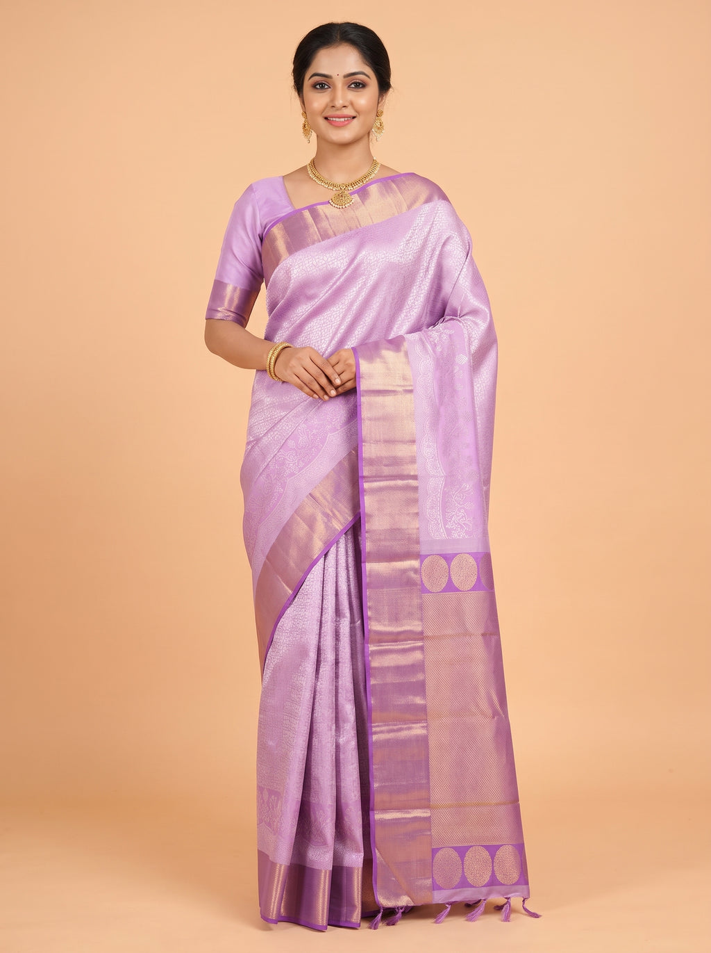 Lavender Purple Pure Kanjivaram Bridal Saree with Rich Zari Tissue Border with Jaal Weaving