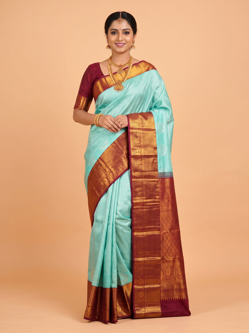 Sky Blue Pure Kanjivaram Bridal Saree with Korvai Zari Diamond Lattice Border