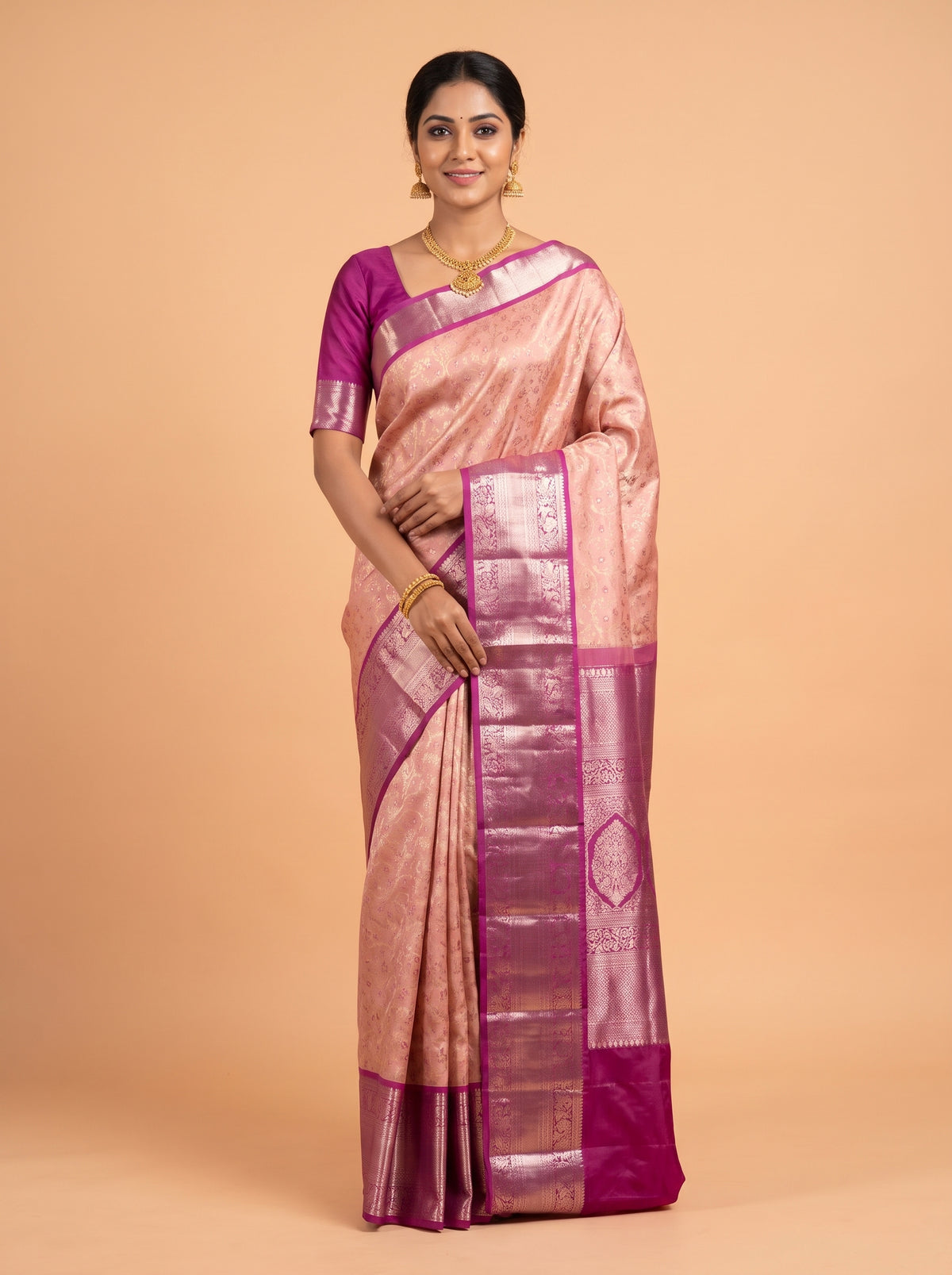 Peach Pink Pure Kanjivaram Bridal Saree with Rich Woven Zari Vanasingaram Temple Border