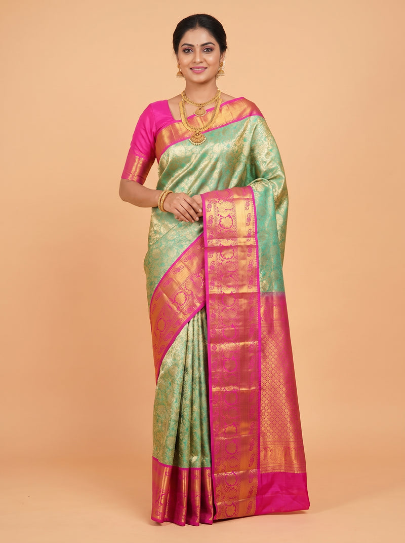 Dark Teal Pure Kanjivaram Tissue Saree with Kanchipuram Border with Peacock Paisley Jaal Panel