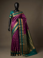 Rani Purple Teal Green Semi Kanchipuram Silk Saree with Gold Zari Border