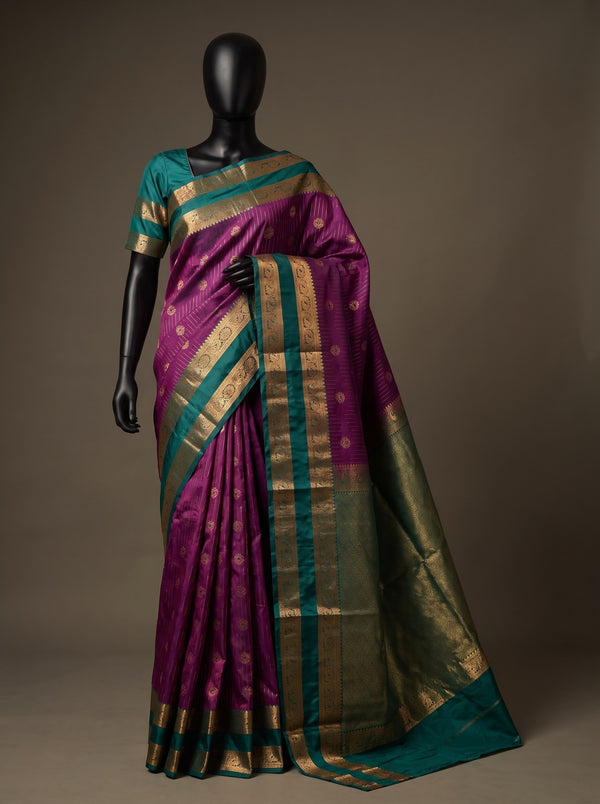 Mugdha Rani Purple Teal Green Semi Kanchipuram Silk Saree with Gold Zari Border