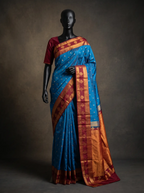 Blue Semi Kanchipuram Silk Saree with Maroon Gold Zari Border & Woven Buttas