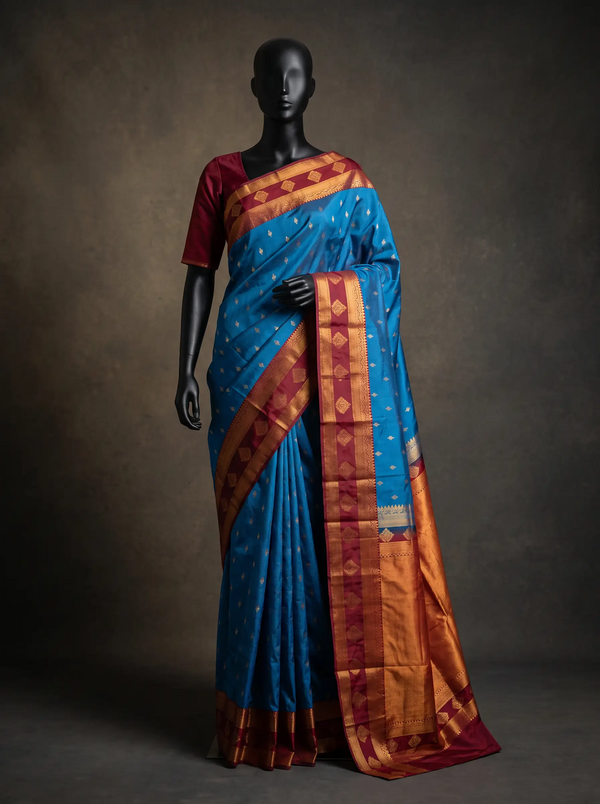Mugdha Blue Semi Kanchipuram Silk Saree with Maroon Gold Zari Border & Woven Buttas
