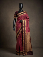 Wine Semi Silk Kanchipuram Saree with Dark Brown Gold Zari Border & Checked Weave