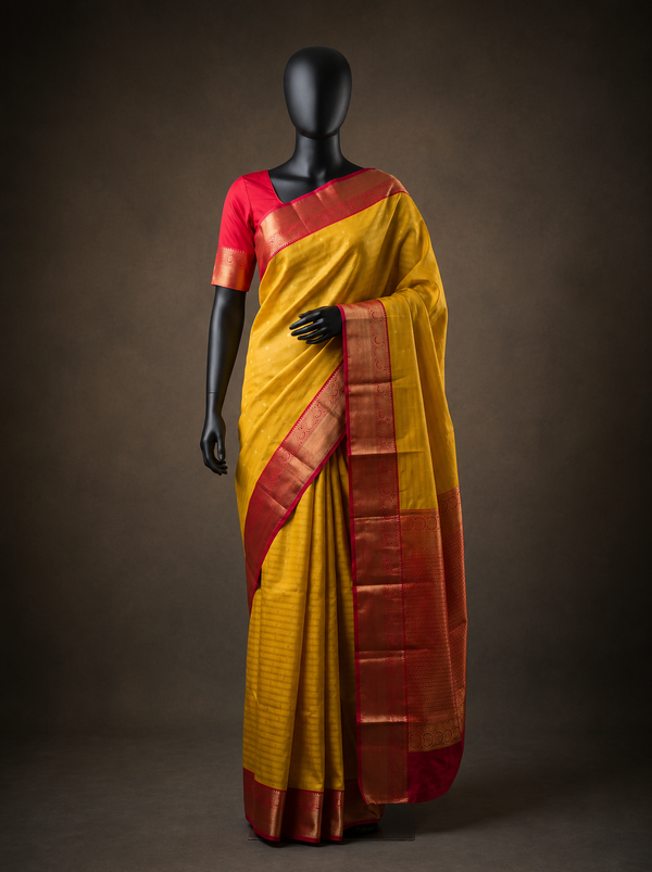 Mugdha Mustard Yellow Semi Kanchipuram Silk Saree with Red Gold Zari Border & Woven Buttas