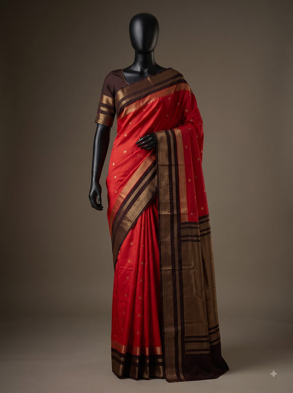 Mugdha Red Semi Kanchipuram Silk Saree with Coffee Brown Gold Zari Border & Woven Buttas