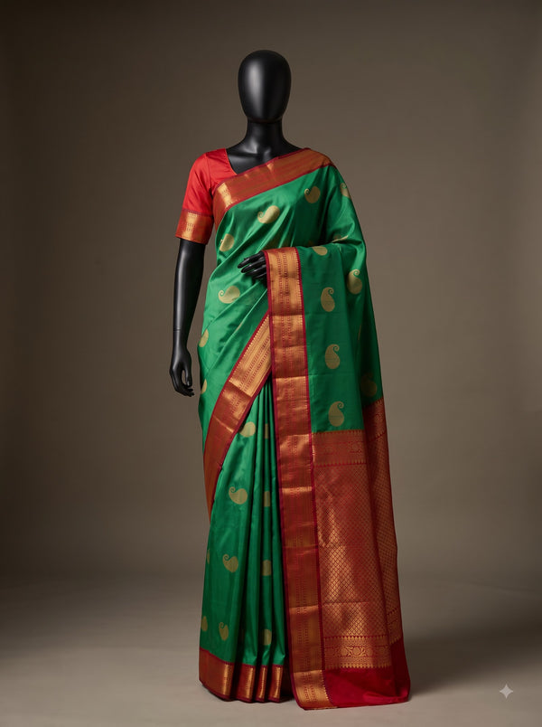 Mugdha Emerald Green Semi Kanchipuram Silk Saree with Red Gold Zari Border
