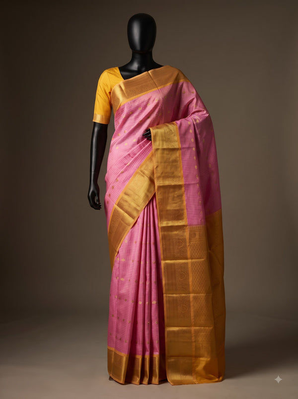 Mugdha Pink Semi Kanchipuram Silk Saree with Mustard Yellow Gold Zari Border & Woven Buttas