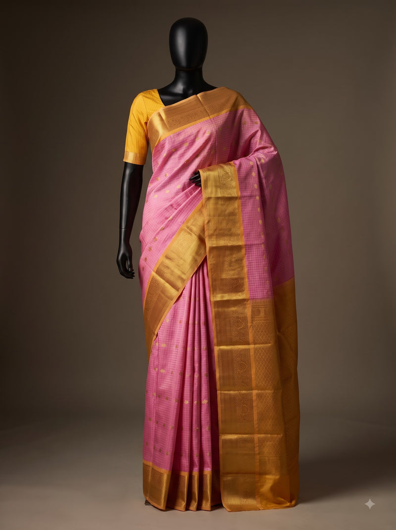 Mugdha Pink Semi Kanchipuram Silk Saree with Mustard Yellow Gold Zari Border & Woven Buttas