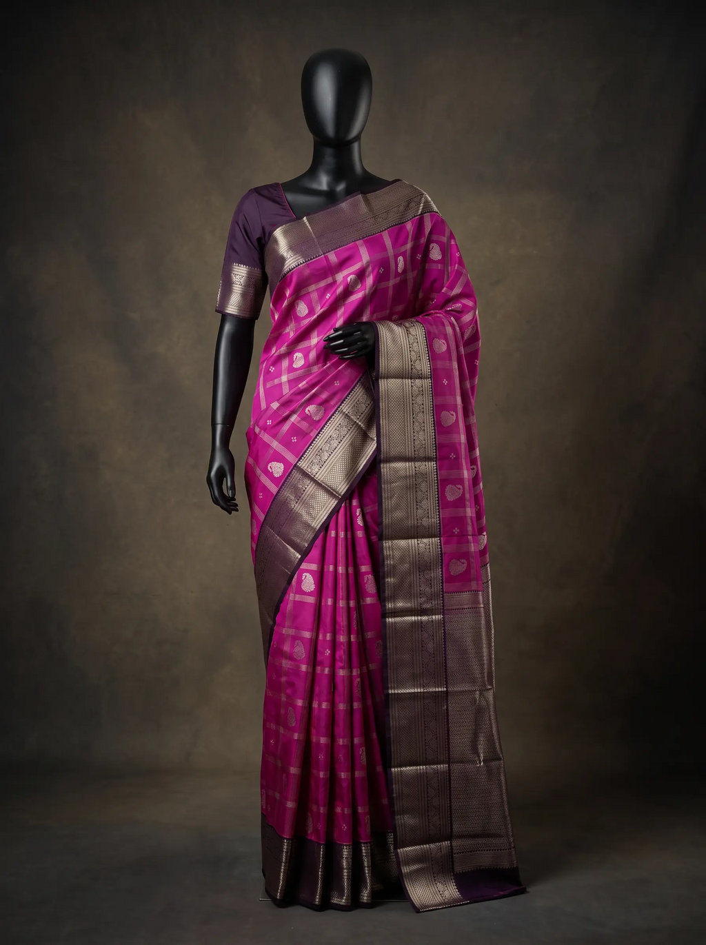 Magenta Pink Semi Kanchipuram Silk Saree with Purple Silver Zari Border & Checked Weave