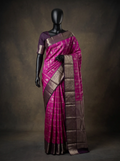 Magenta Pink Semi Kanchipuram Silk Saree with Purple Silver Zari Border & Checked Weave