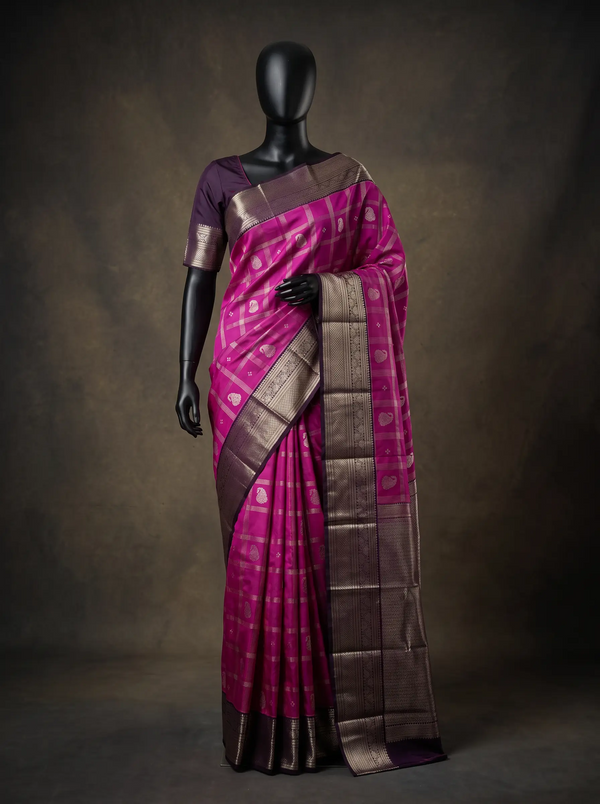 Mugdha Magenta Pink Semi Kanchipuram Silk Saree with Purple Silver Zari Border & Checked Weave