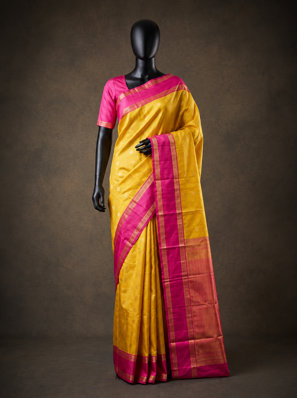 Mustard Yellow Semi Silk Saree with Rani Pink Gold Zari Border & Woven Buttas