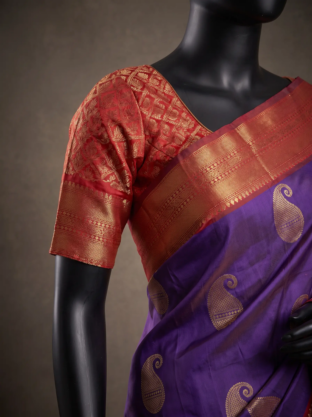 Royal Purple Semi Kanchipuram Silk Saree with Red Gold Zari Border & Paisley Buttas