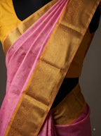 Pink Semi Kanchipuram Silk Saree with Mustard Yellow Gold Zari Border & Woven Buttas