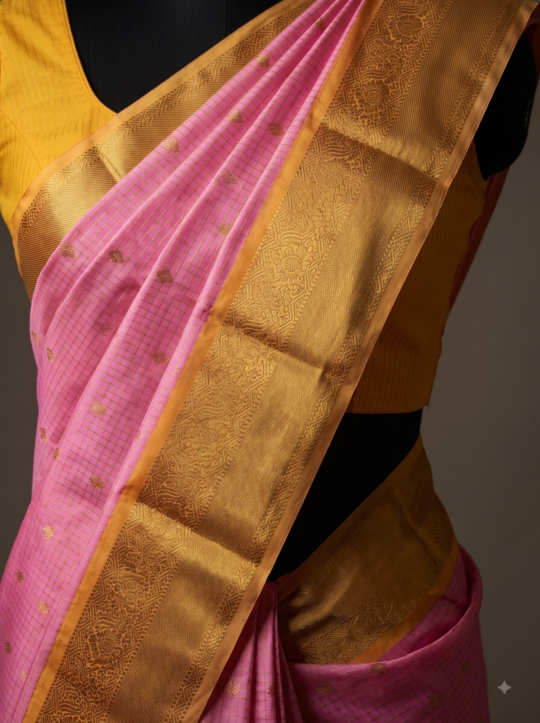 Pink Semi Kanchipuram Silk Saree with Mustard Yellow Gold Zari Border & Woven Buttas