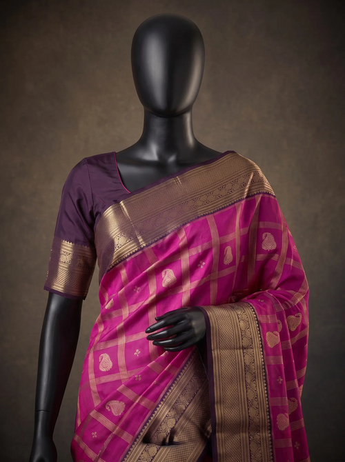 Magenta Pink Semi Kanchipuram Silk Saree with Purple Silver Zari Border & Checked Weave