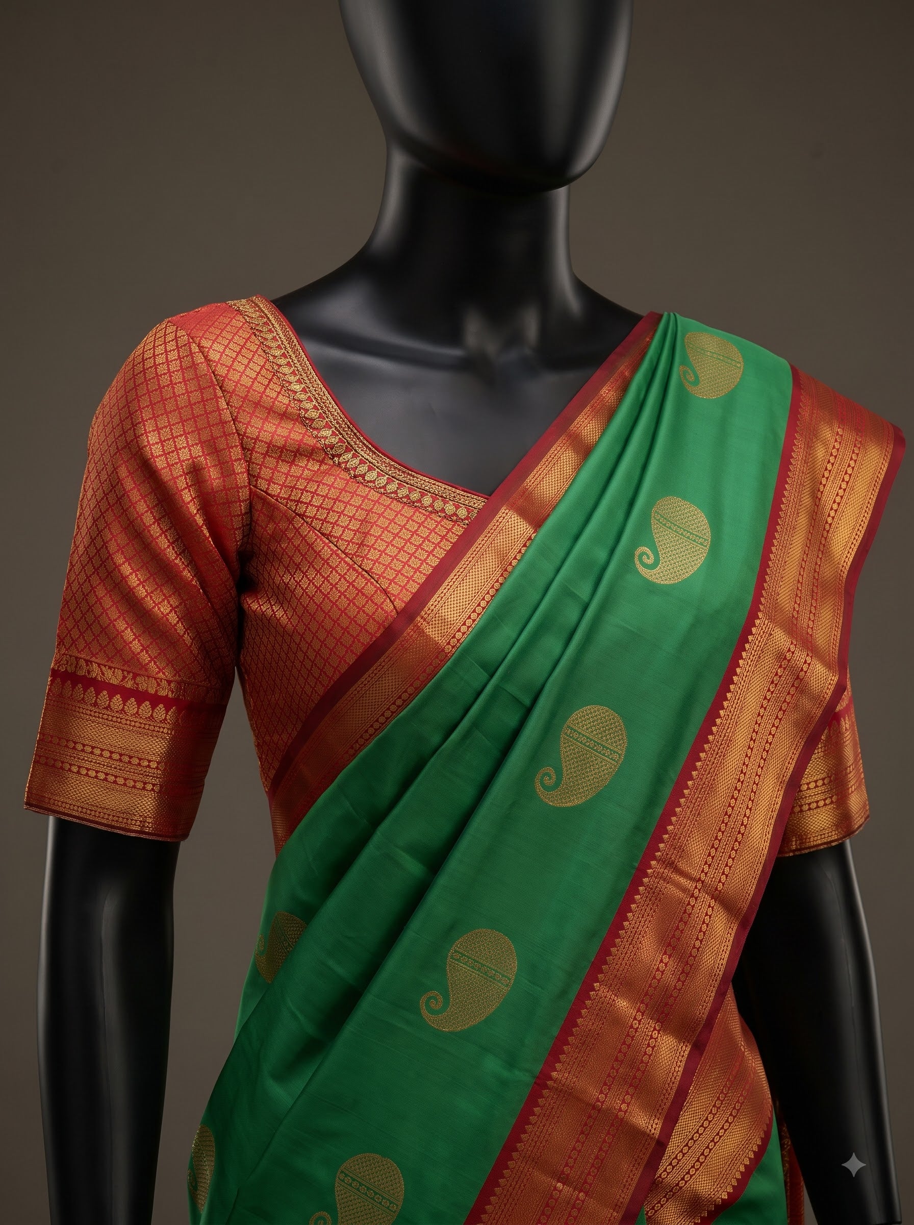 Emerald Green Semi Kanchipuram Silk Saree with Red Gold Zari Border