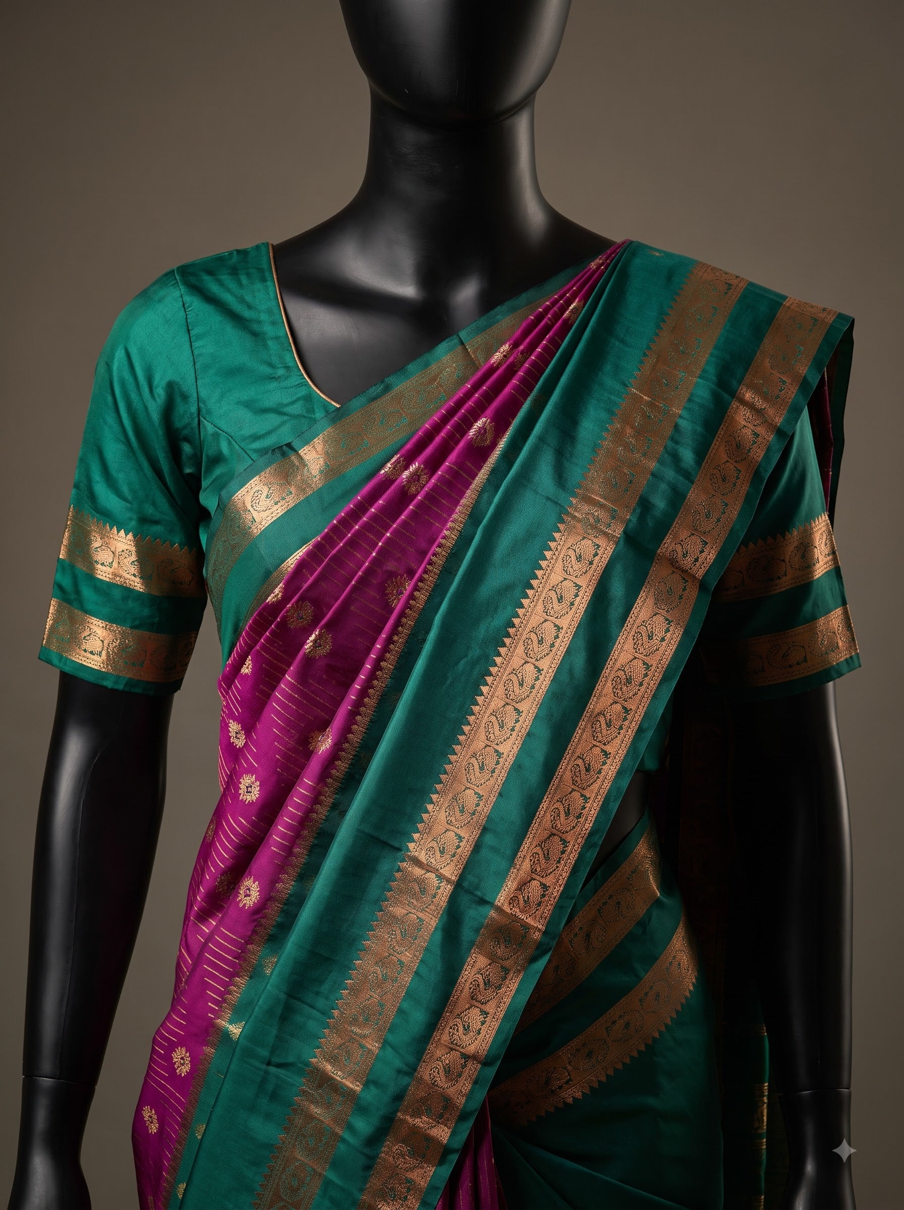 Rani Purple Teal Green Semi Kanchipuram Silk Saree with Gold Zari Border
