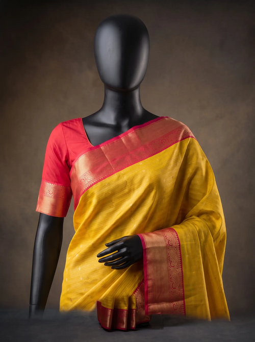 Mustard Yellow Semi Kanchipuram Silk Saree with Red Gold Zari Border & Woven Buttas