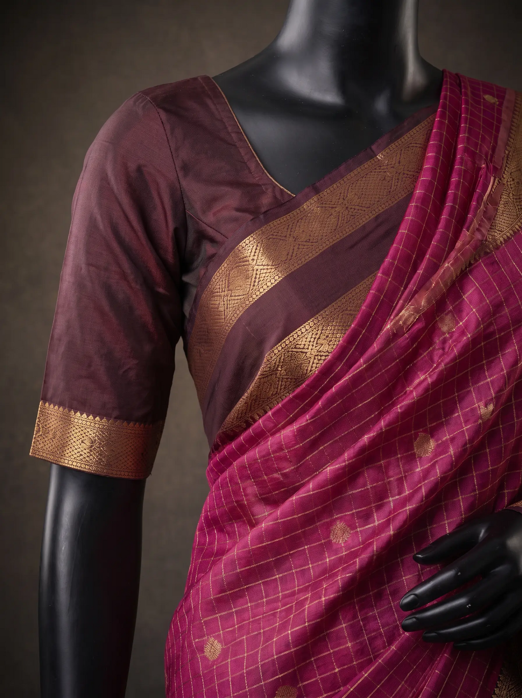 Wine Semi Silk Kanchipuram Saree with Dark Brown Gold Zari Border & Checked Weave