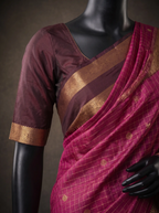 Wine Semi Silk Kanchipuram Saree with Dark Brown Gold Zari Border & Checked Weave
