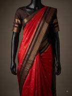 Red Semi Kanchipuram Silk Saree with Coffee Brown Gold Zari Border & Woven Buttas