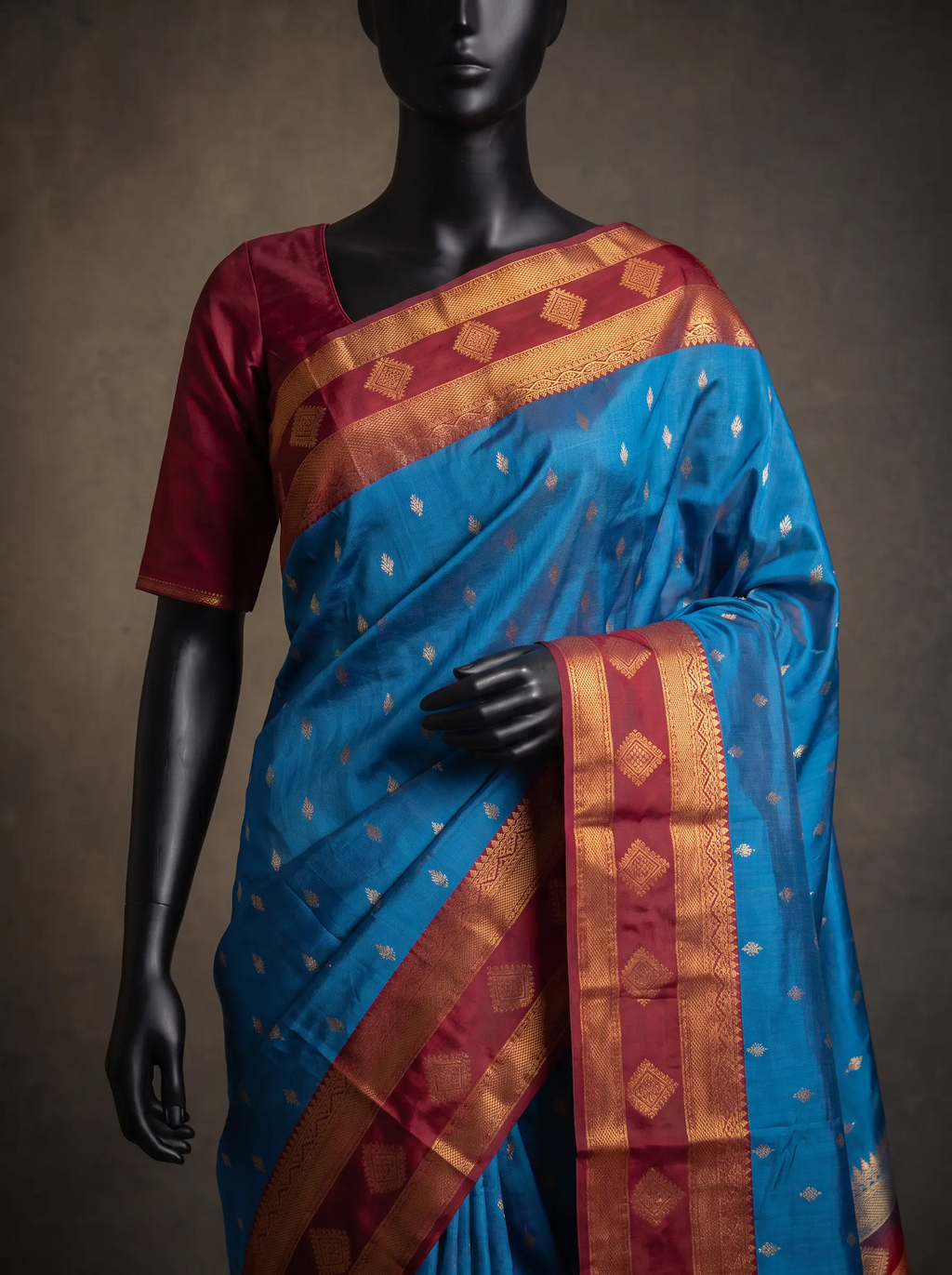 Blue Semi Kanchipuram Silk Saree with Maroon Gold Zari Border & Woven Buttas