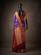 Royal Purple Semi Kanchipuram Silk Saree with Red Gold Zari Border & Paisley Buttas