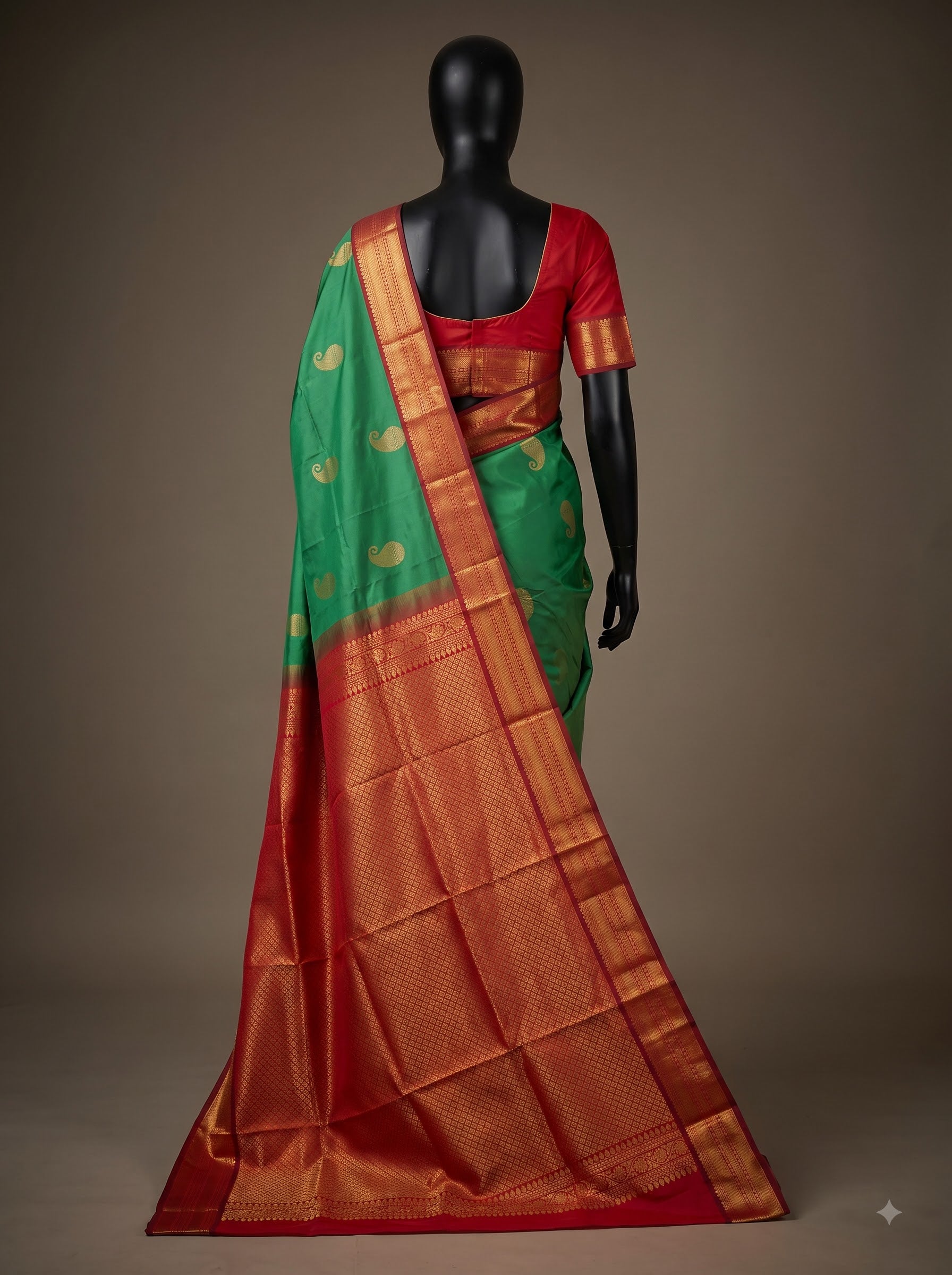 Emerald Green Semi Kanchipuram Silk Saree with Red Gold Zari Border