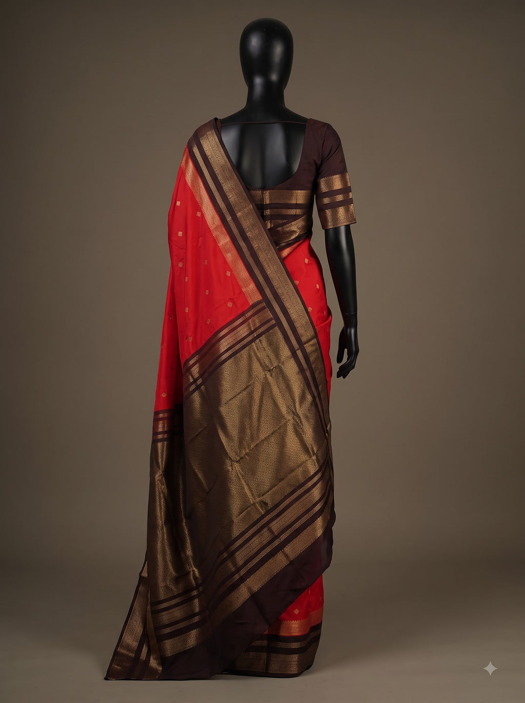 Red Semi Kanchipuram Silk Saree with Coffee Brown Gold Zari Border & Woven Buttas