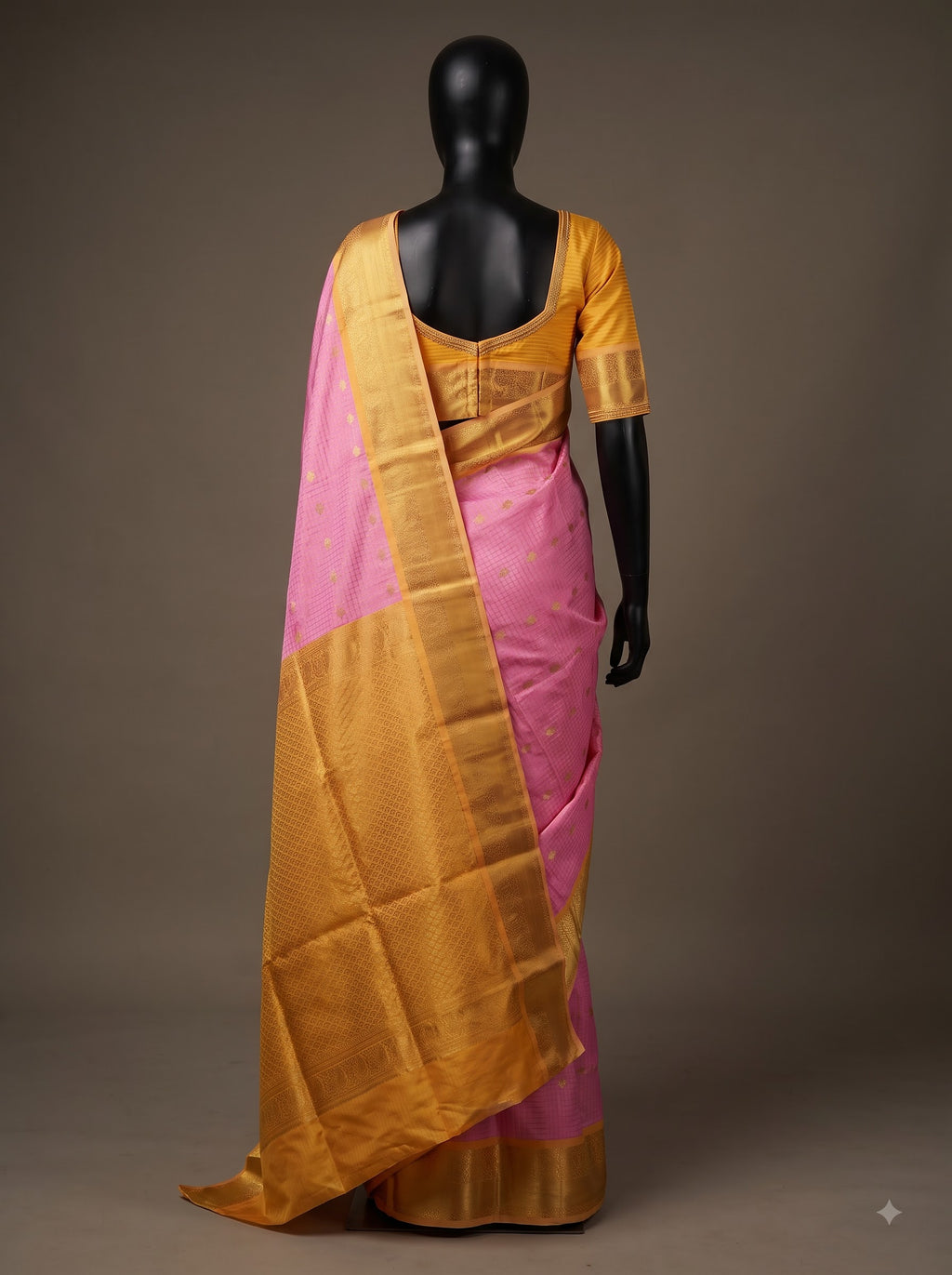 Pink Semi Kanchipuram Silk Saree with Mustard Yellow Gold Zari Border & Woven Buttas