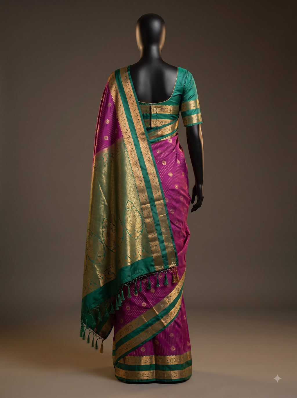 Rani Purple Teal Green Semi Kanchipuram Silk Saree with Gold Zari Border