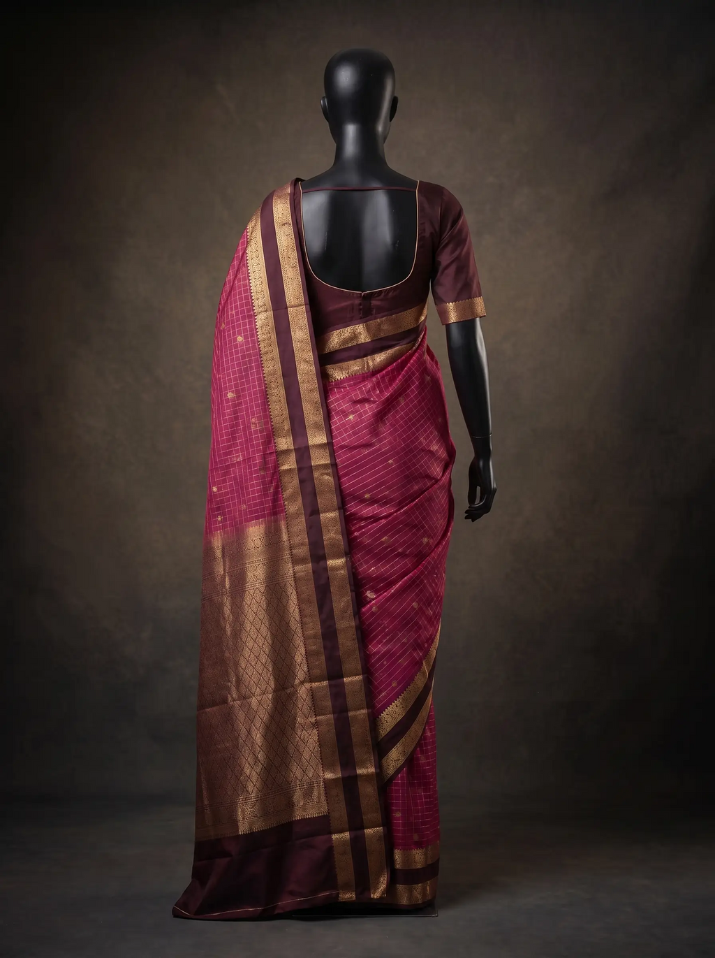 Wine Semi Silk Kanchipuram Saree with Dark Brown Gold Zari Border & Checked Weave