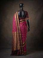 Wine Semi Silk Kanchipuram Saree with Dark Brown Gold Zari Border & Checked Weave