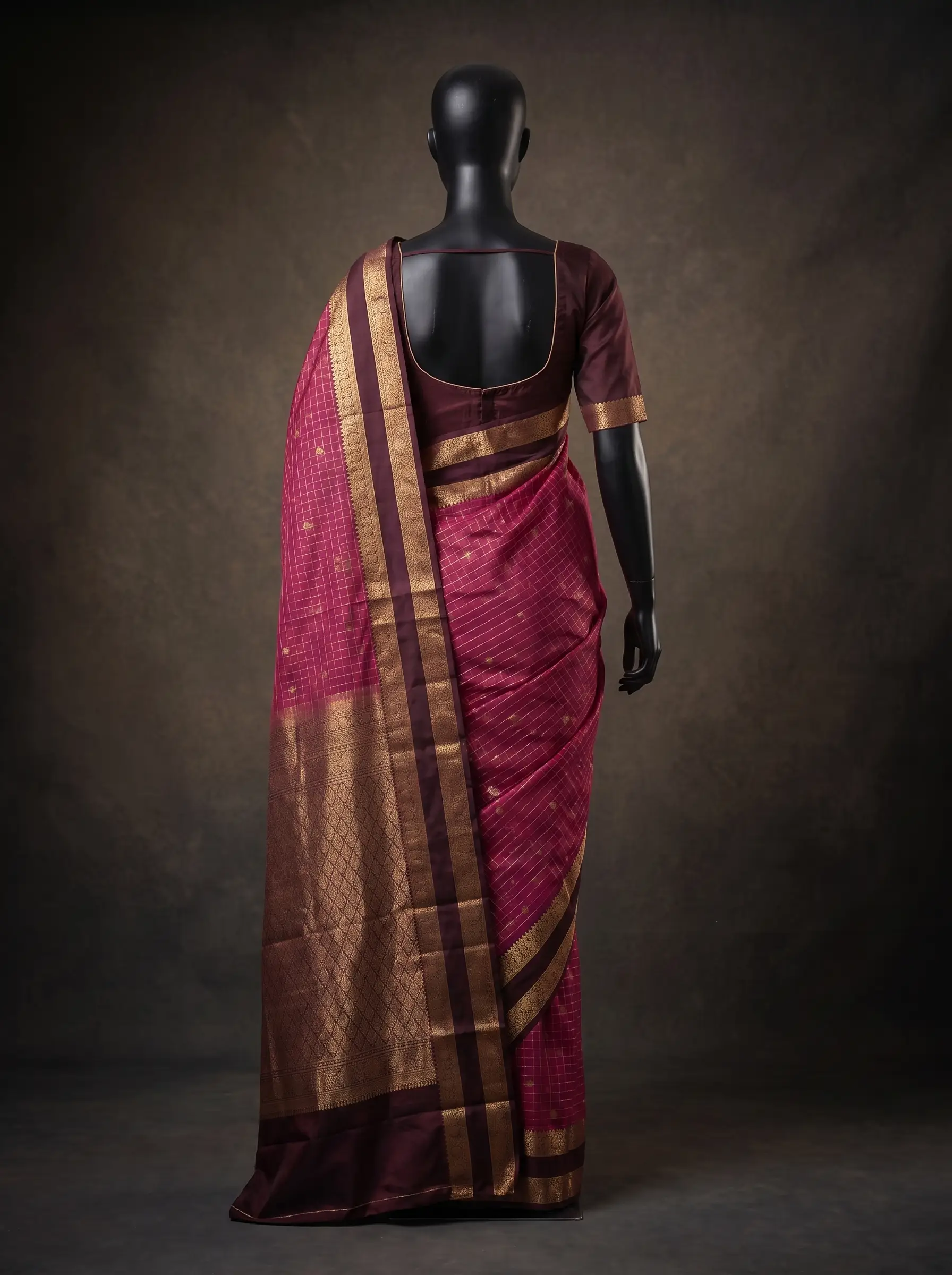 Wine Semi Silk Kanchipuram Saree with Dark Brown Gold Zari Border & Checked Weave