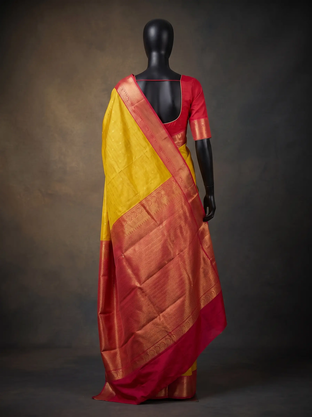 Mustard Yellow Semi Kanchipuram Silk Saree with Red Gold Zari Border & Woven Buttas
