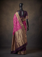 Magenta Pink Semi Kanchipuram Silk Saree with Purple Silver Zari Border & Checked Weave