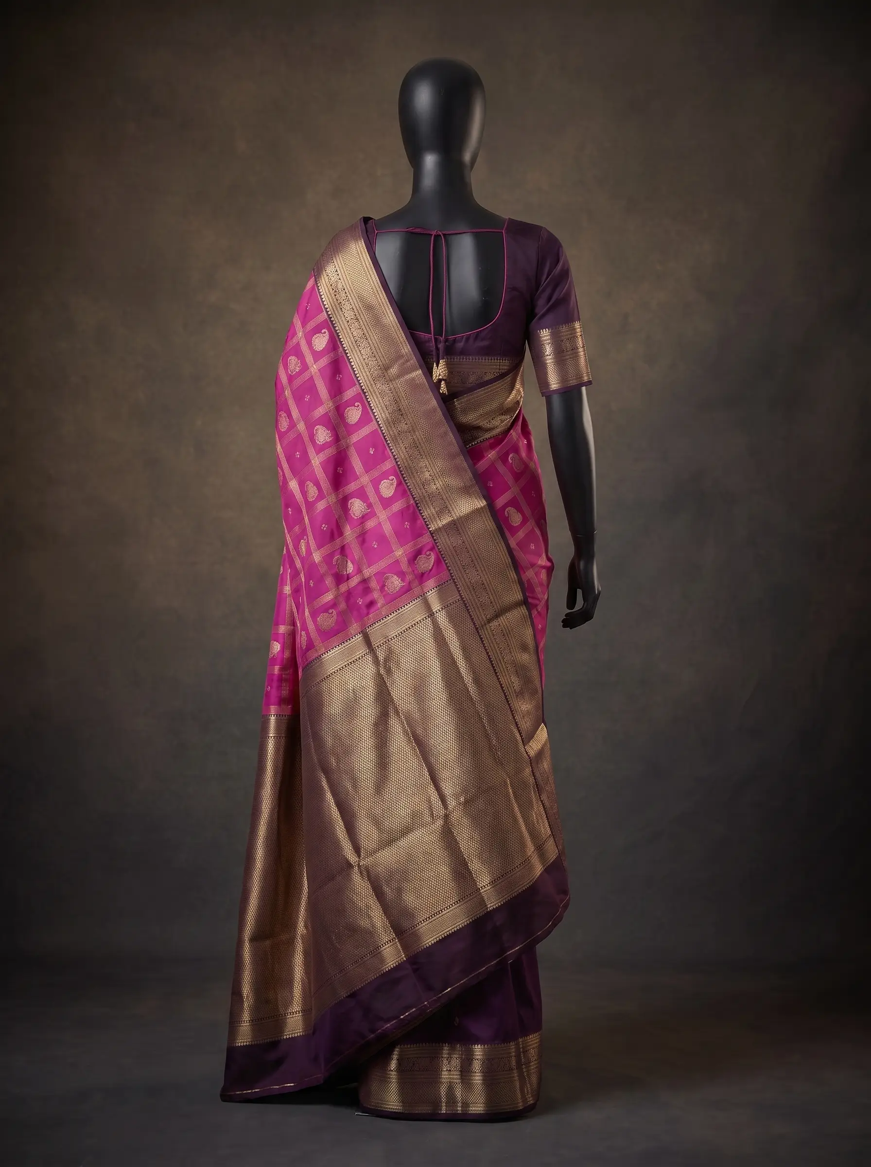 Magenta Pink Semi Kanchipuram Silk Saree with Purple Silver Zari Border & Checked Weave