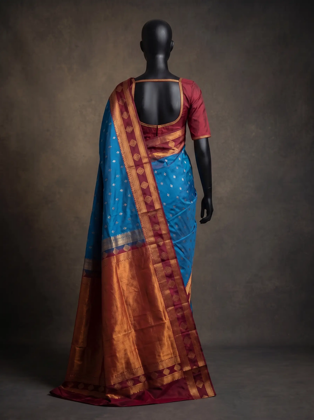 Blue Semi Kanchipuram Silk Saree with Maroon Gold Zari Border & Woven Buttas
