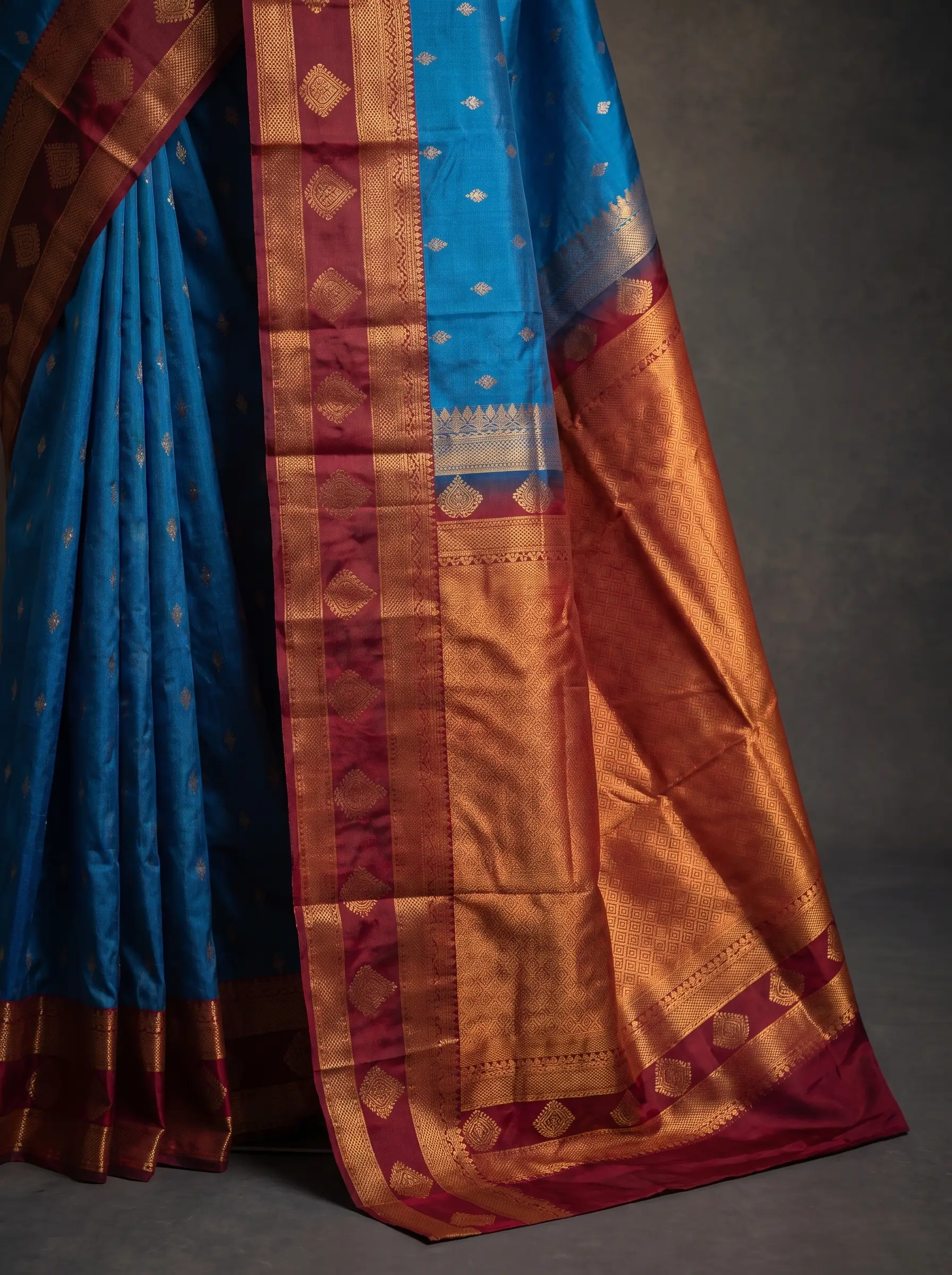 Blue Semi Kanchipuram Silk Saree with Maroon Gold Zari Border & Woven Buttas