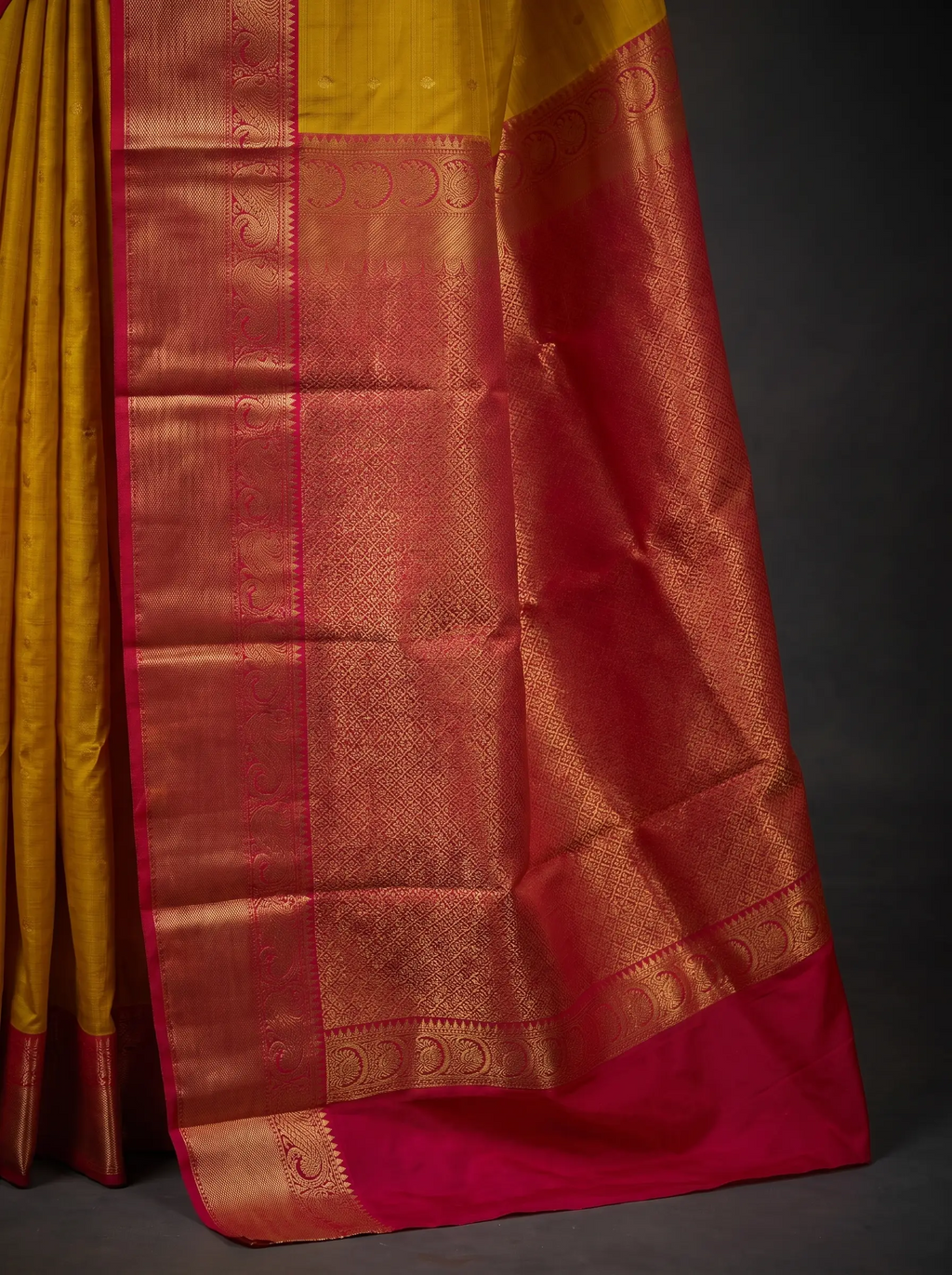Mustard Yellow Semi Kanchipuram Silk Saree with Red Gold Zari Border & Woven Buttas