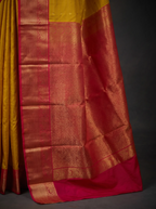Mustard Yellow Semi Kanchipuram Silk Saree with Red Gold Zari Border & Woven Buttas